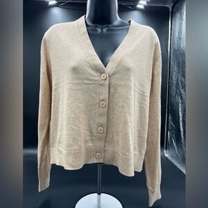 A‎ new day camel color cropped lightweight cardigan SZ M. Boxy sits at the waist